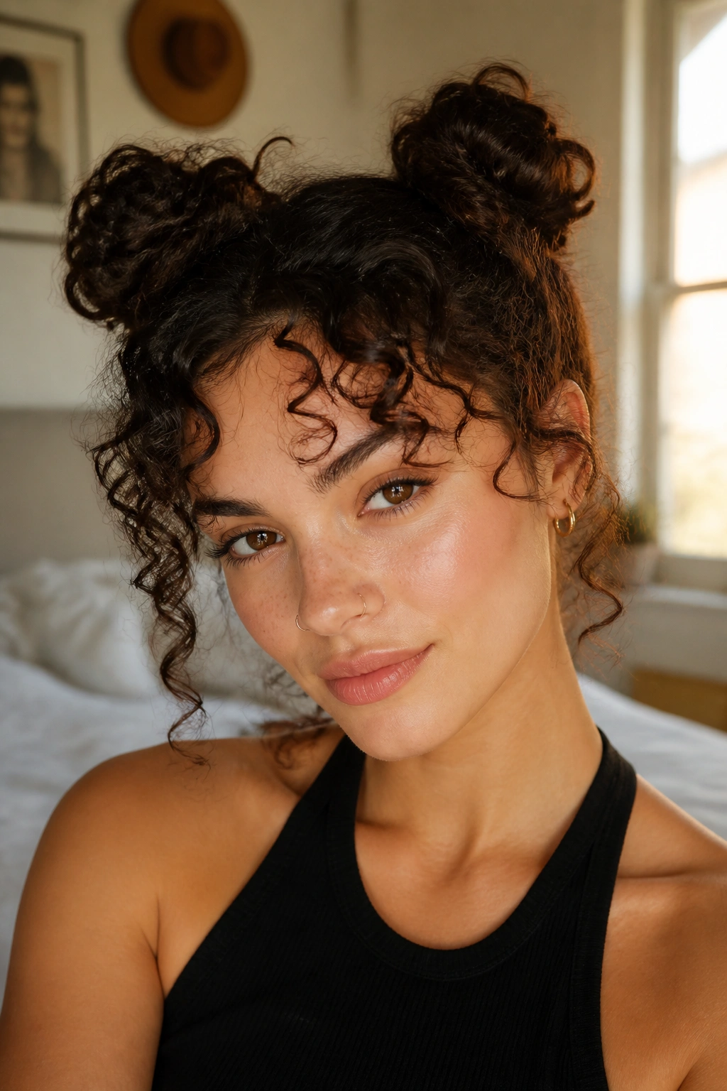 Close-up of a real woman's head showing space buns with curly bangs in warm window light