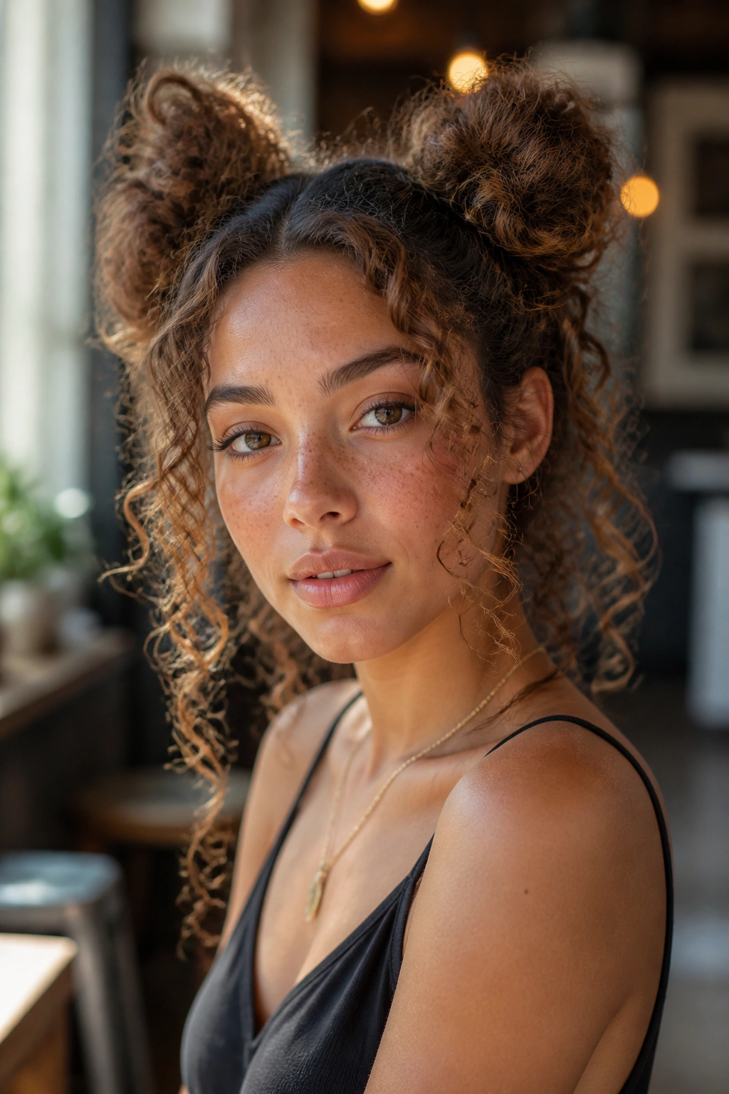 Close-up of a real woman with curly space buns and loose ends
