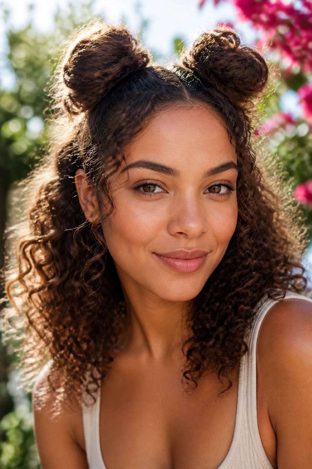 Real person with space buns on curly lengths in outdoor sun