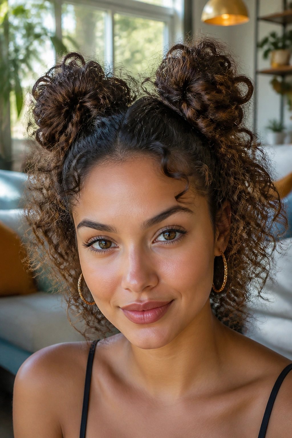 Real woman with space buns on a curly base in daylight.