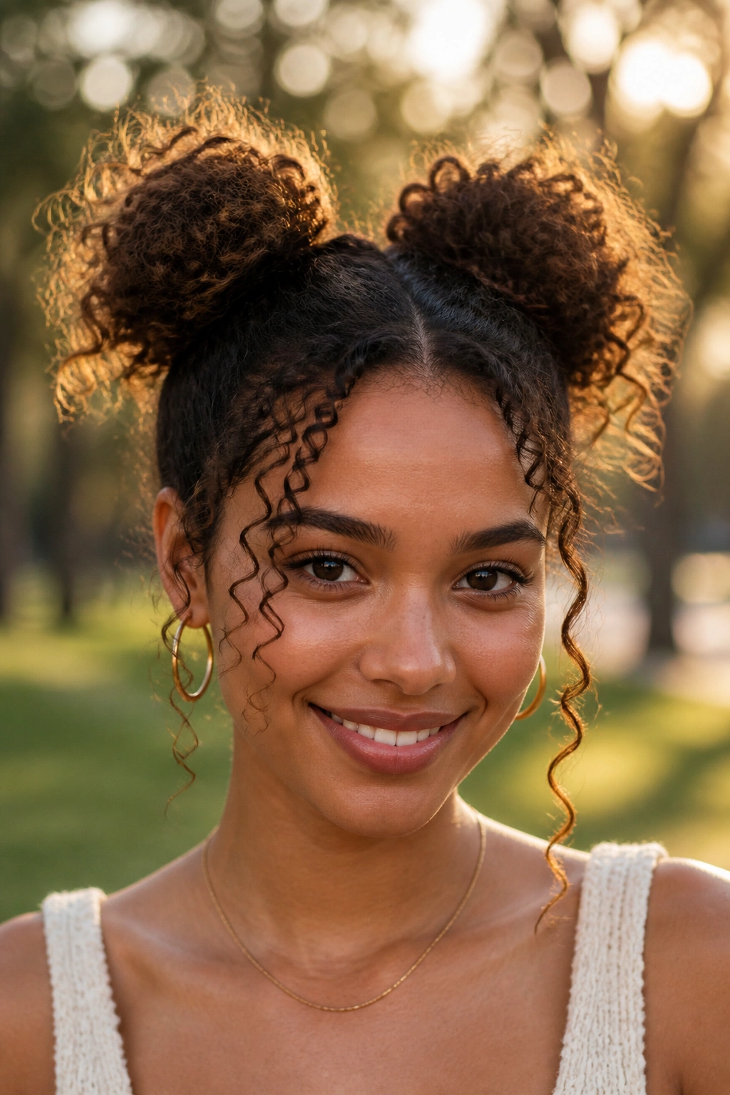 Close-up of a real woman with space buns, playful ends and golden-hour light