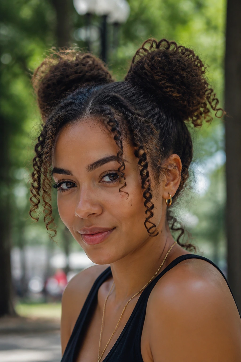 Close-up of a real person with space buns and curly ends