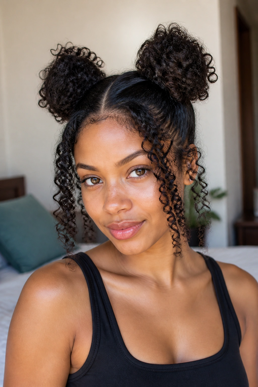 Close-up of a real person with space buns and curly ends