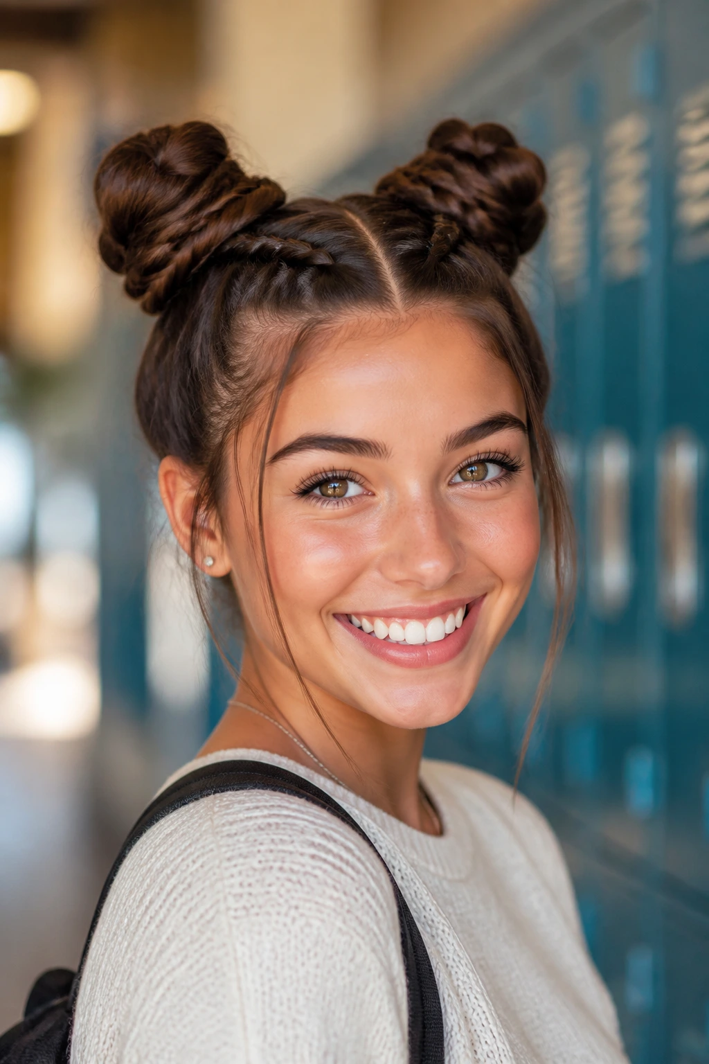 Portrait of a real person with Double Dutch Braids forming two space buns in a sunlit hallway