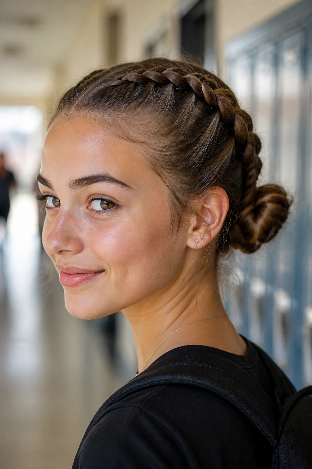 Close-up of a real person with Dutch braided space buns in a school hallway