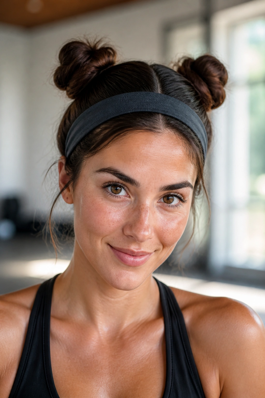 Close-up portrait of a real person with space buns and grippy headband in a workout studio