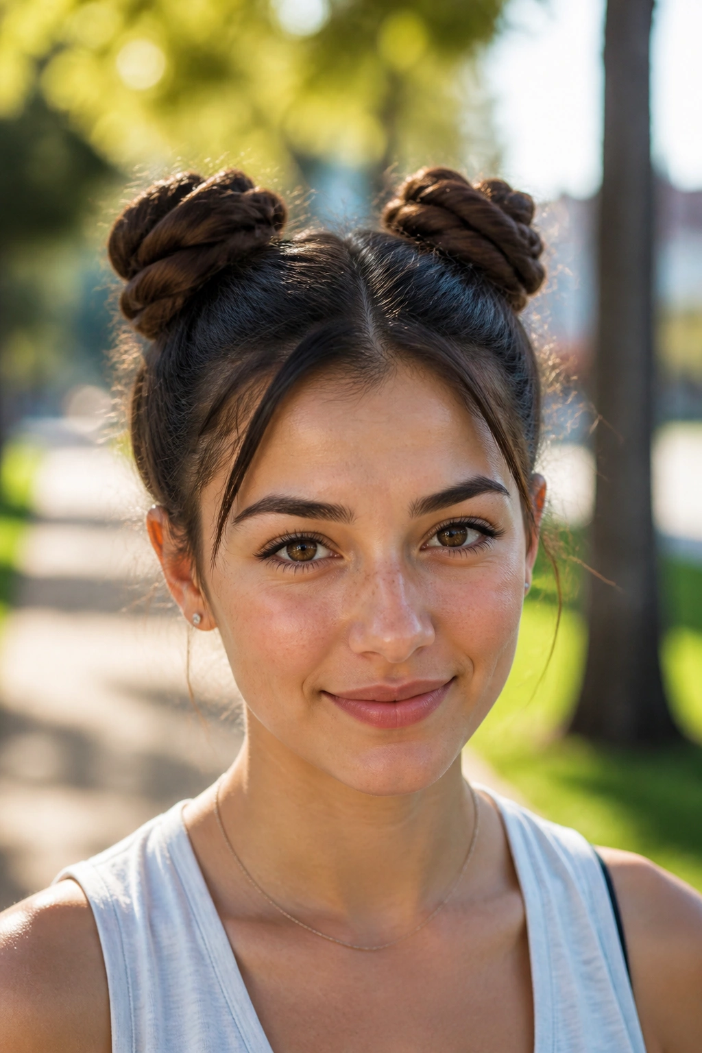 Close-up of a real woman with space buns on top of her head.