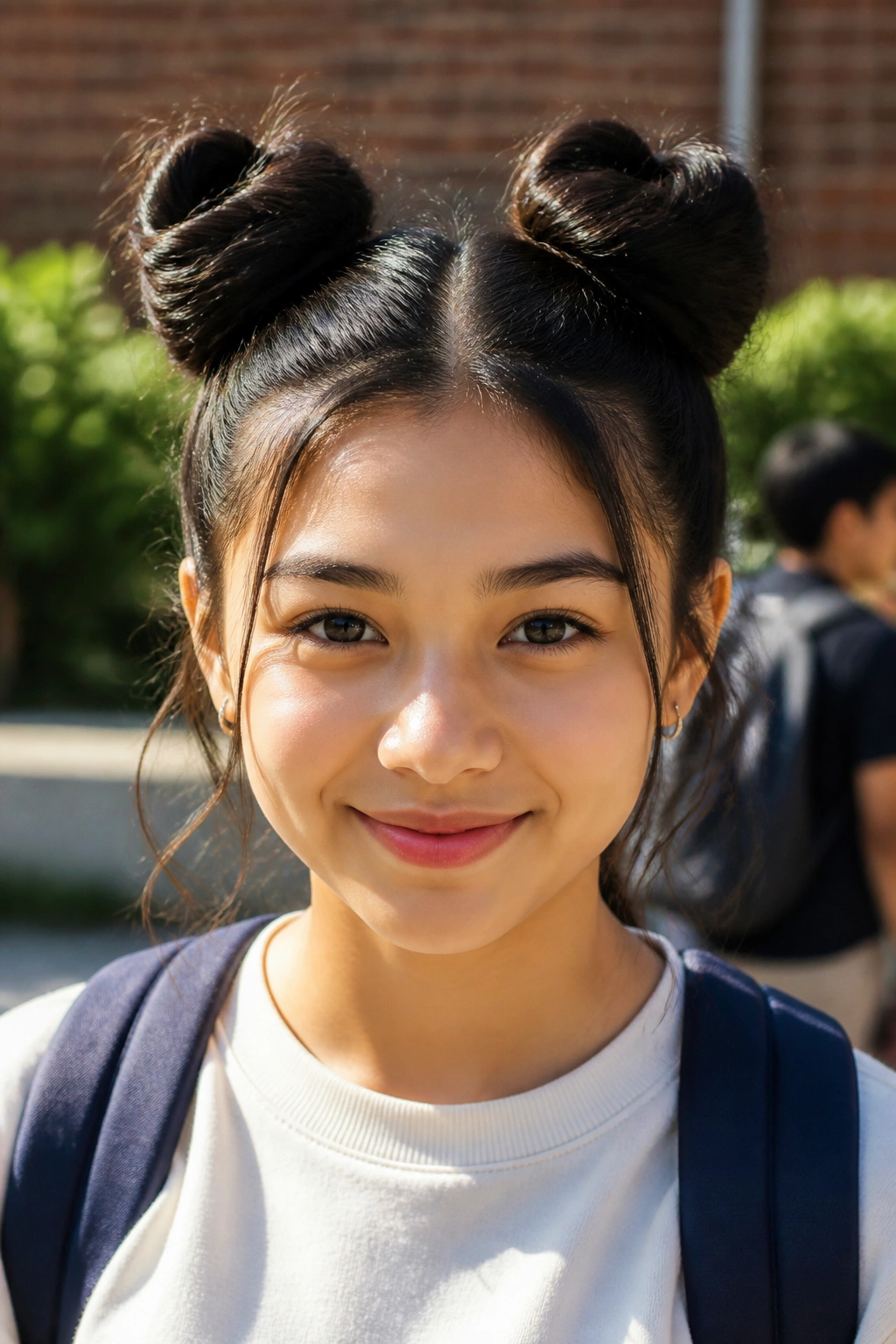 Close-up of a student with space buns in a sunny outdoor courtyard