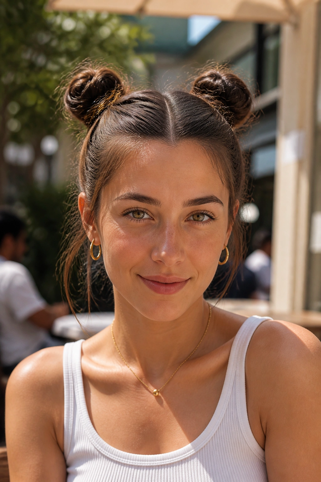 Two small space buns on top of head in daylight at a cafe.