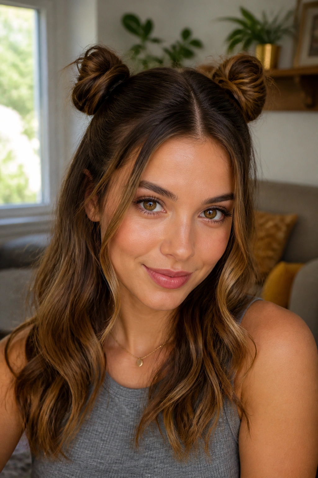 Close-up of a real woman with two small space buns and loose hair
