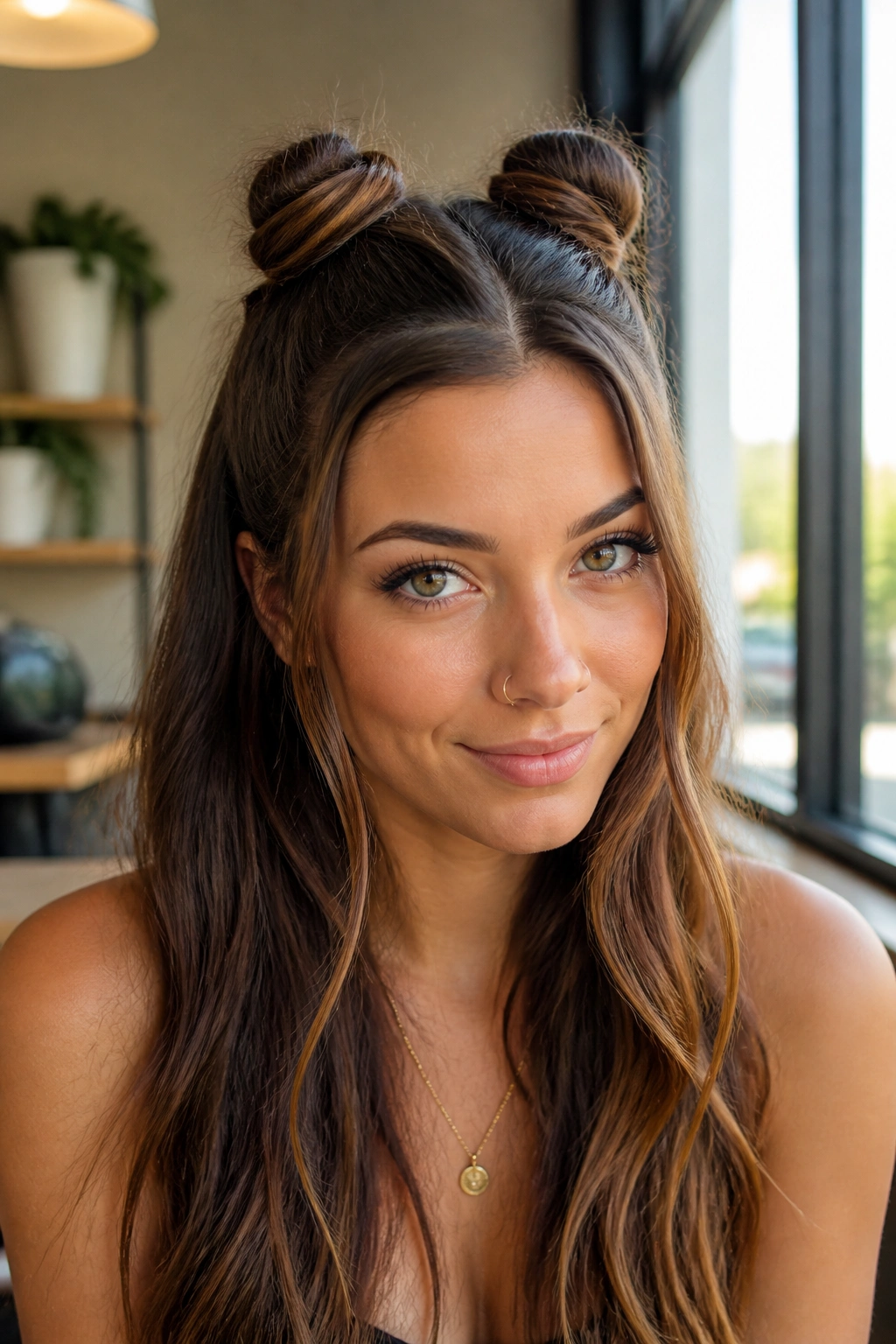Close-up of real woman with half-up space buns in bright light.