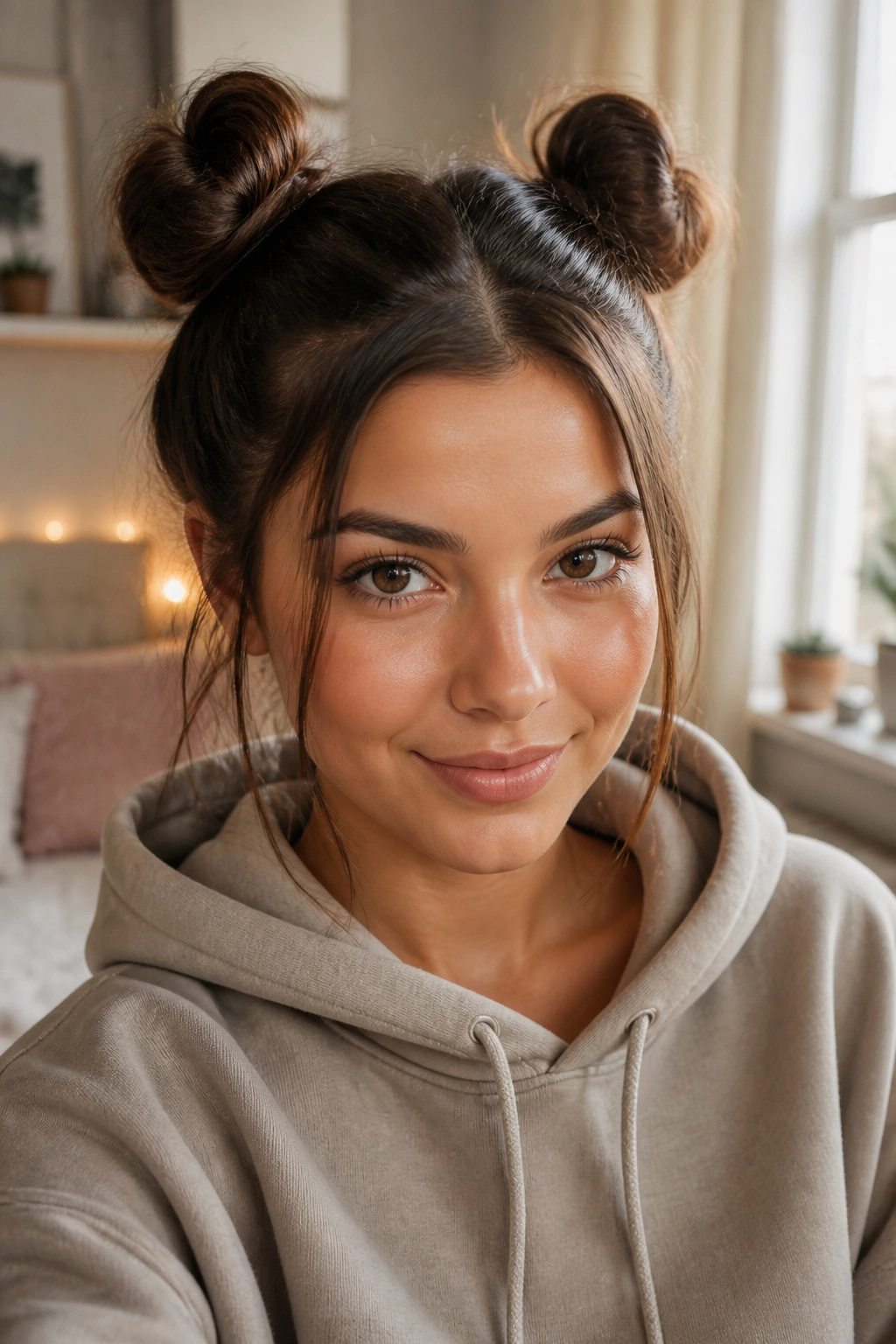 Close-up of a real woman with space buns under a hoodie in a cozy bedroom with window light
