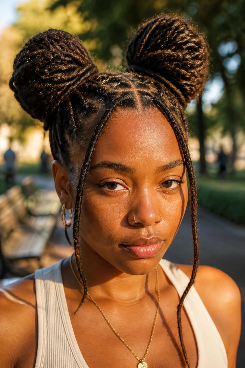 Person with two space buns made of locs