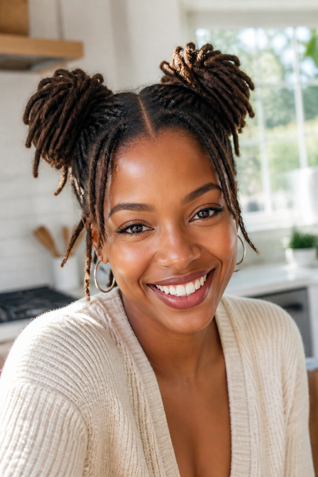 Real woman with space buns on short to mid-length locs