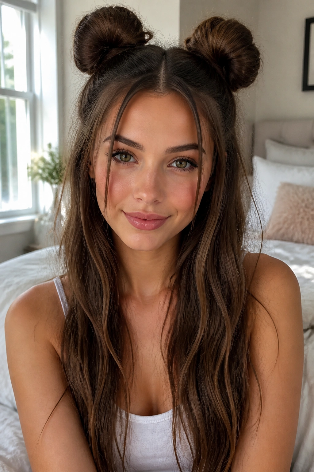 Front view of a real woman with space buns and long ends