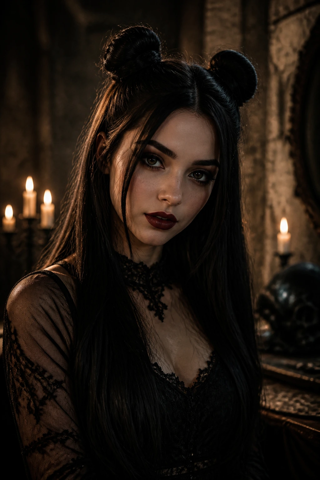 Portrait of a real person with compact space buns and long ends in a gothic setting.