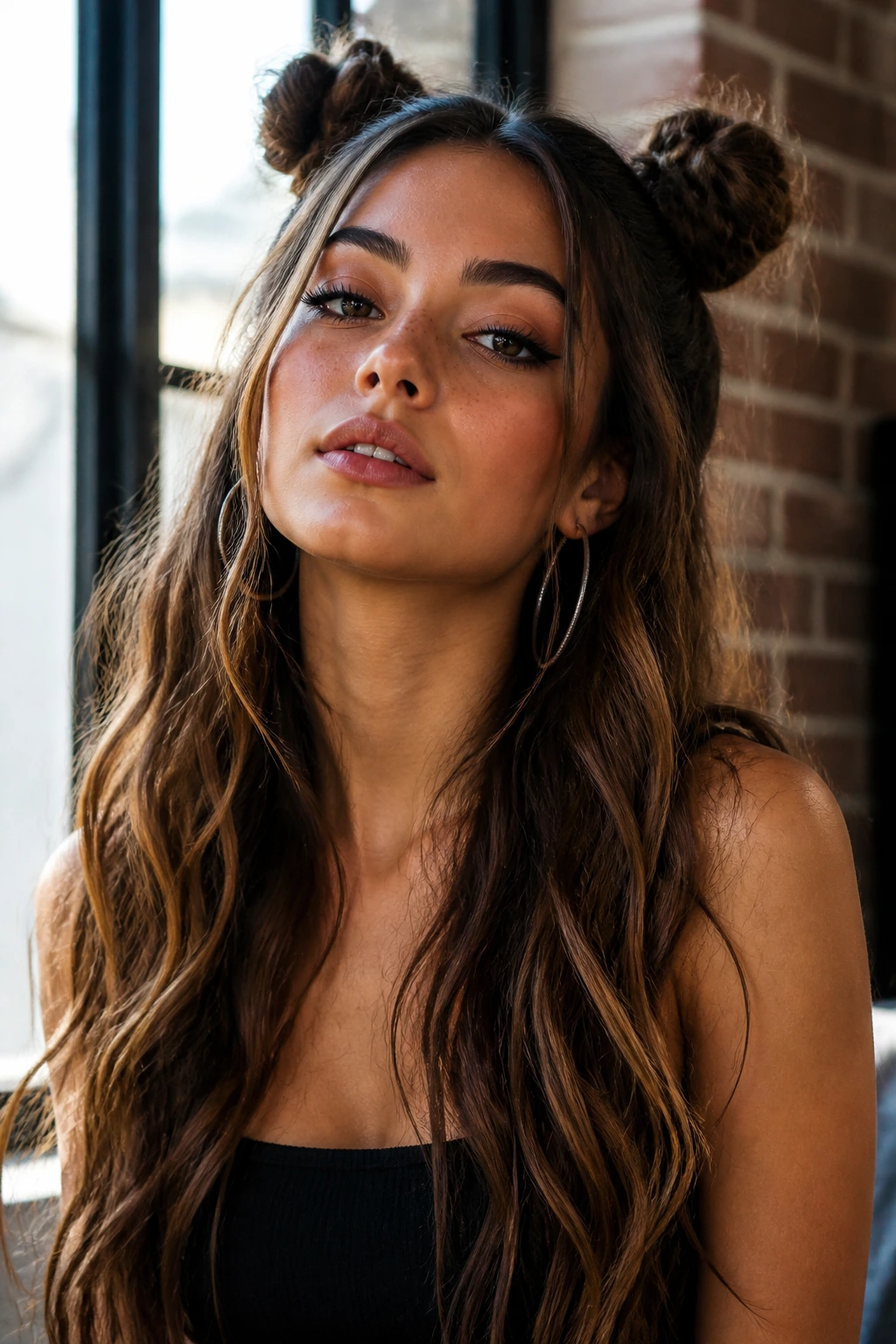 Close-up of a real woman with space buns and long loose lengths