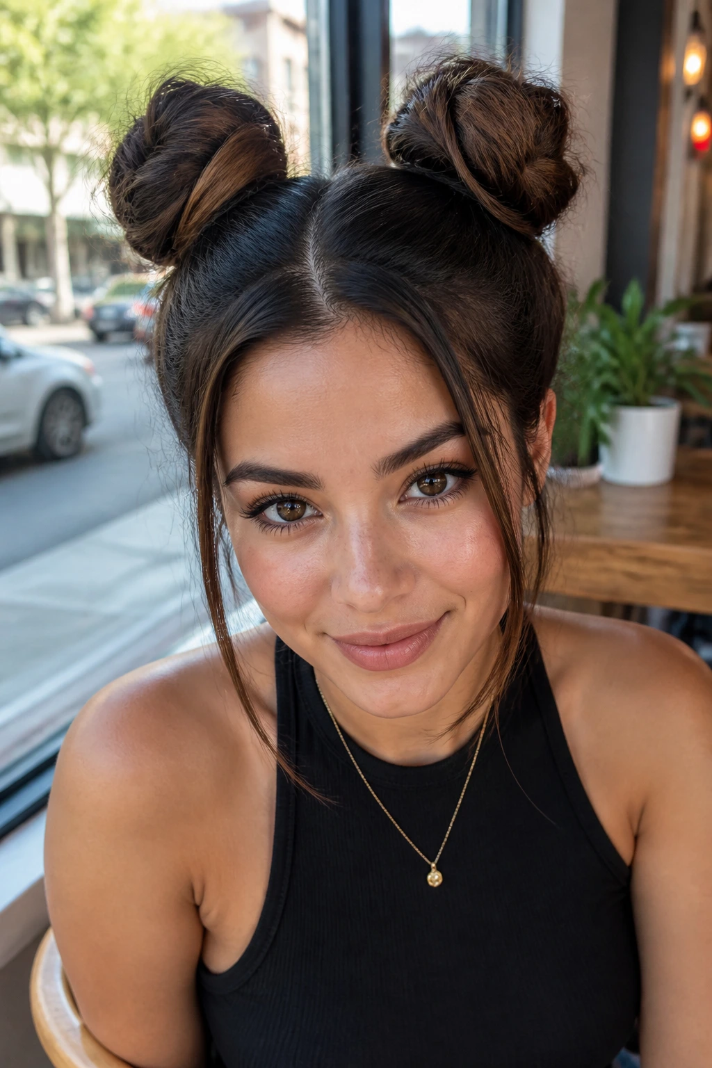 Portrait of a woman with space buns on top of her head.