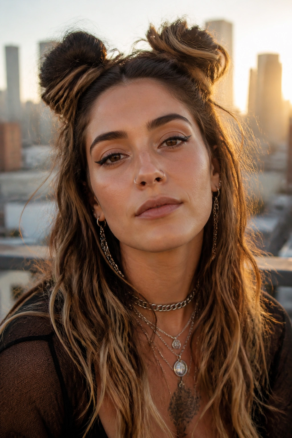 Close-up of a person with two messy space buns on long hair against a city rooftop