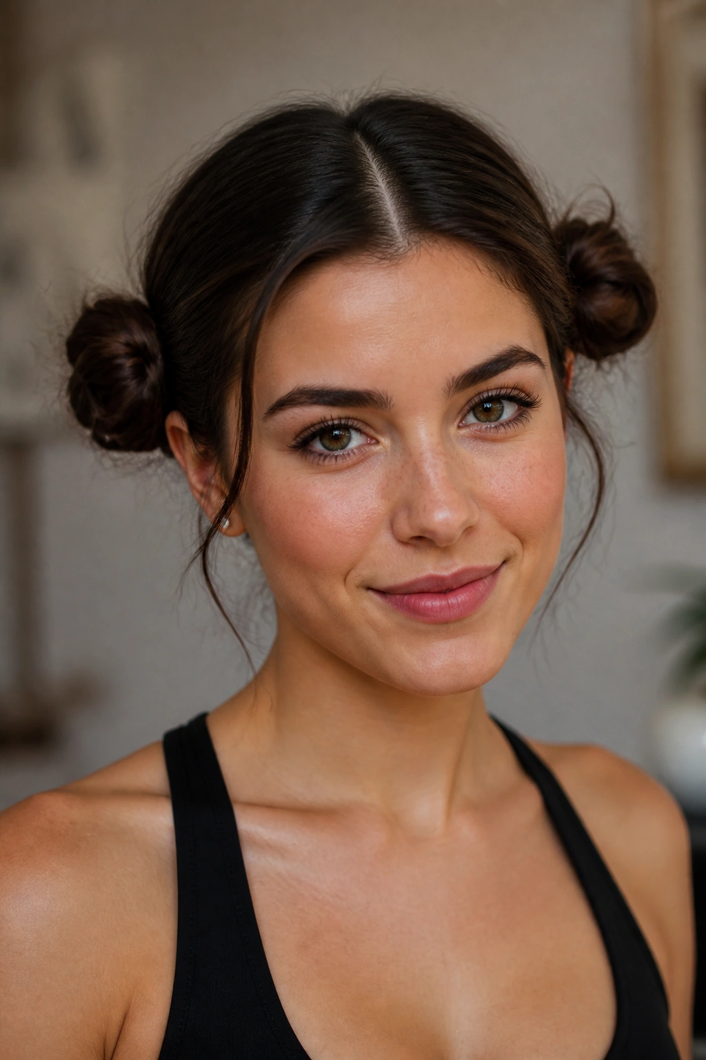 Close-up of a real woman with space buns on medium-length hair