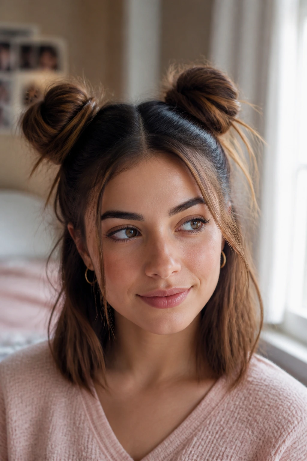 Close-up of a real woman with two space buns on medium-length hair under natural window light