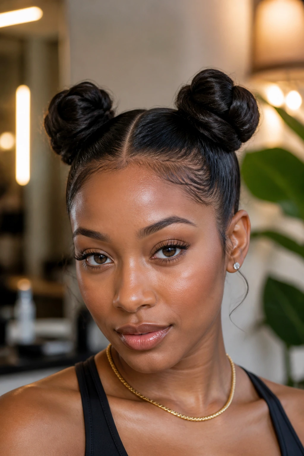 Close-up of a real woman with two polished space buns on top