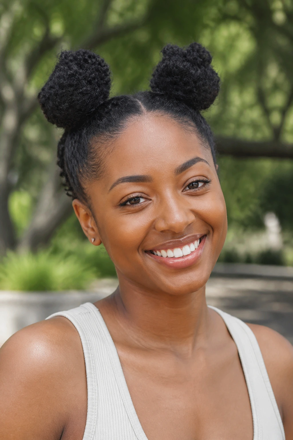 Space buns hairstyle close-up portrait outdoors