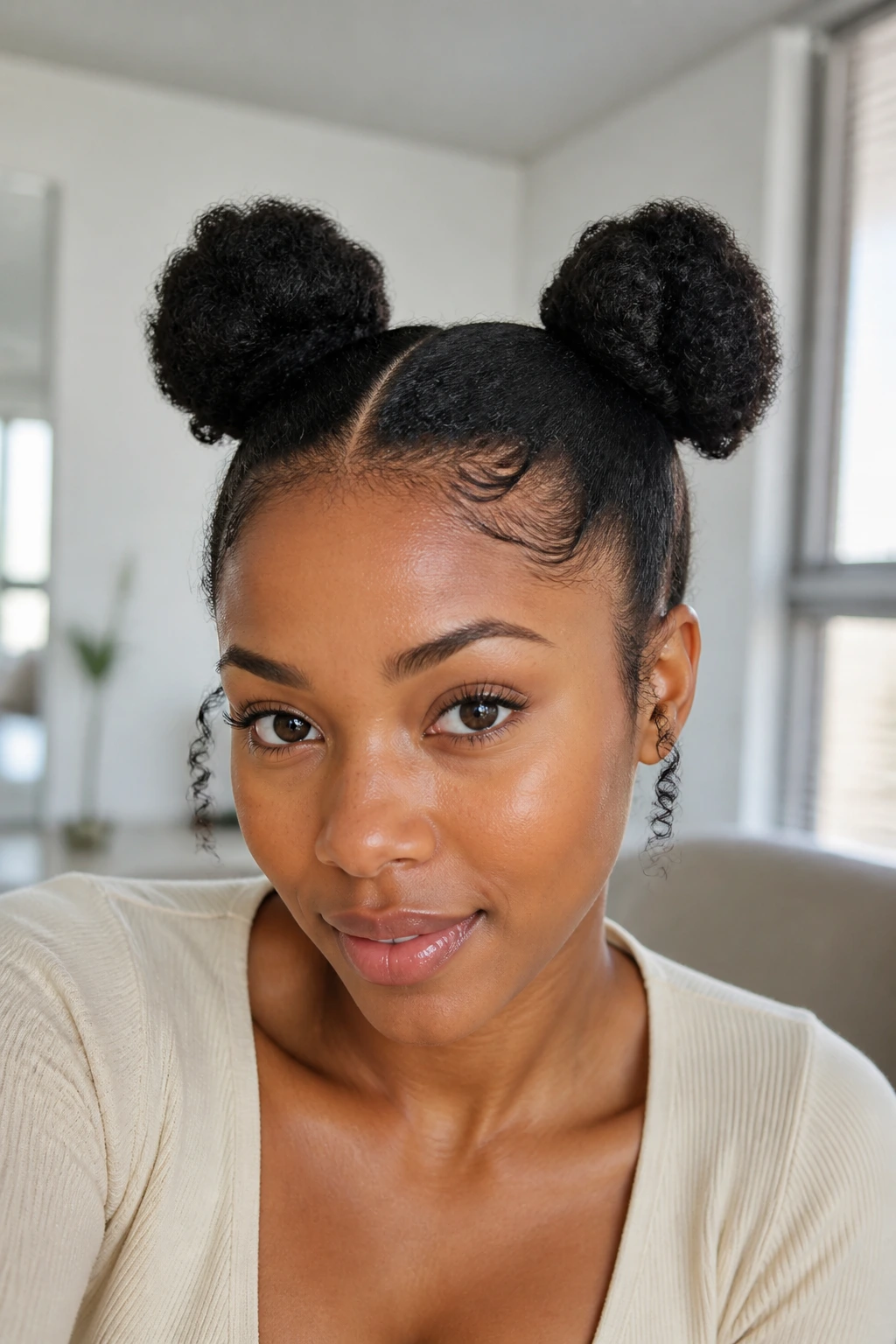 Close-up portrait of a real woman with two space buns on top