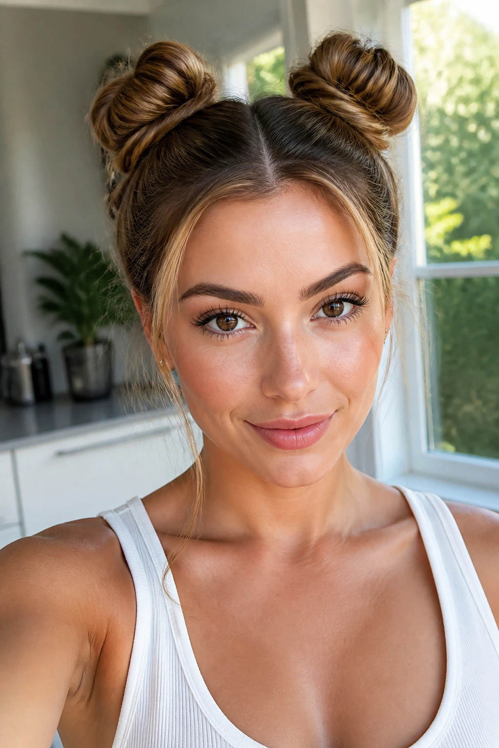 Close-up of a real woman with space buns near the crown in a bright home setting