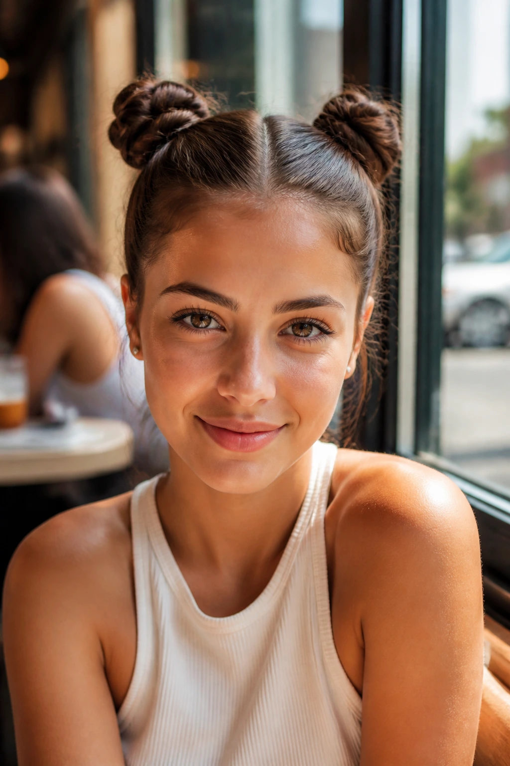 Close-up of a real woman with two small space buns on the crown