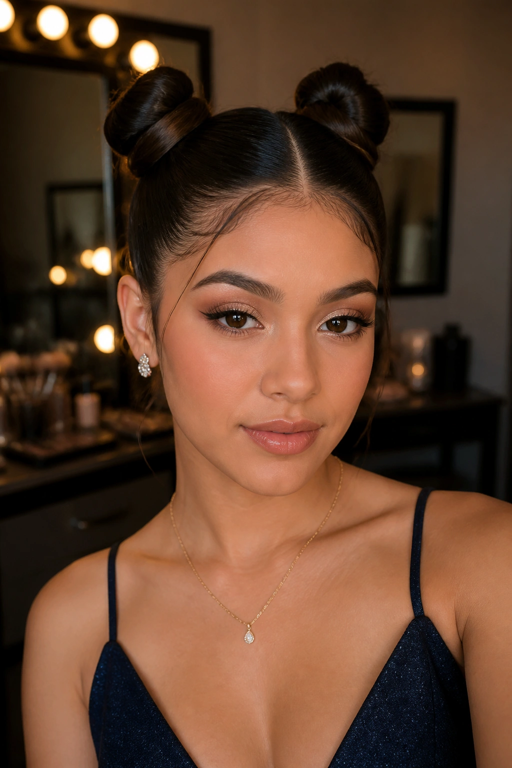 Close-up of two small space buns on top of head with sleek finish