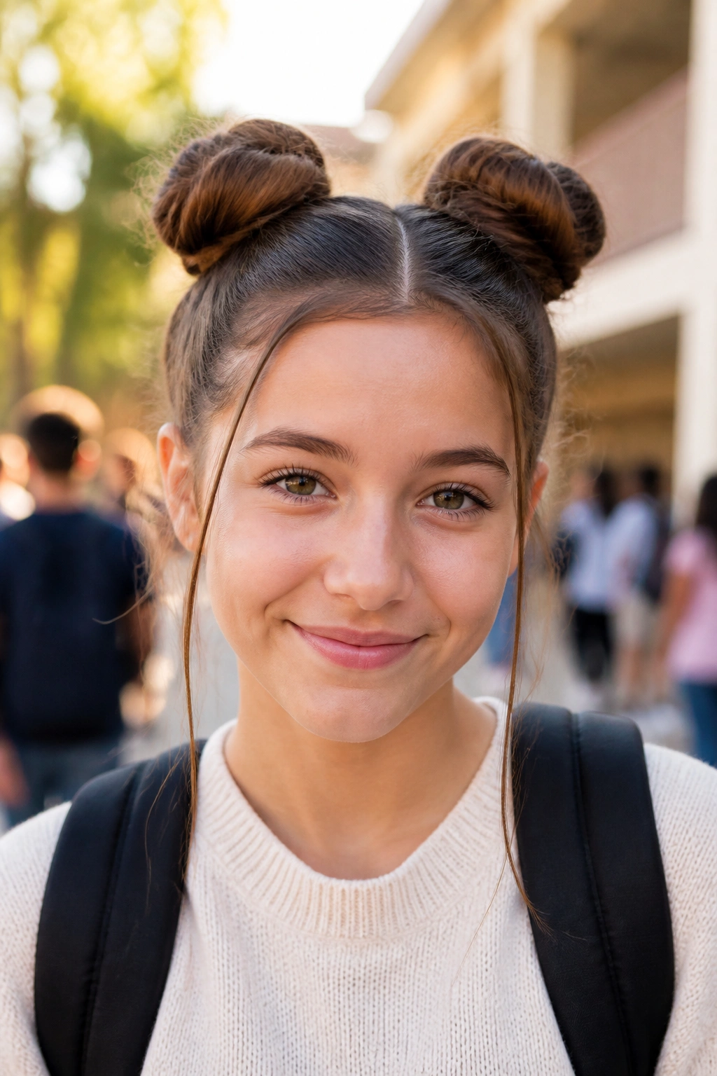 Close-up of a real student with two space buns in a school setting