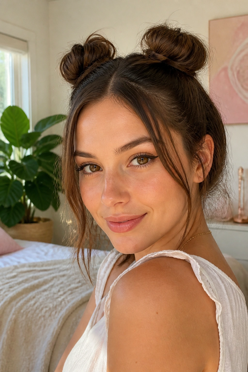 Close-up of a real person with two small space buns on short-to-medium hair in a sunlit bedroom