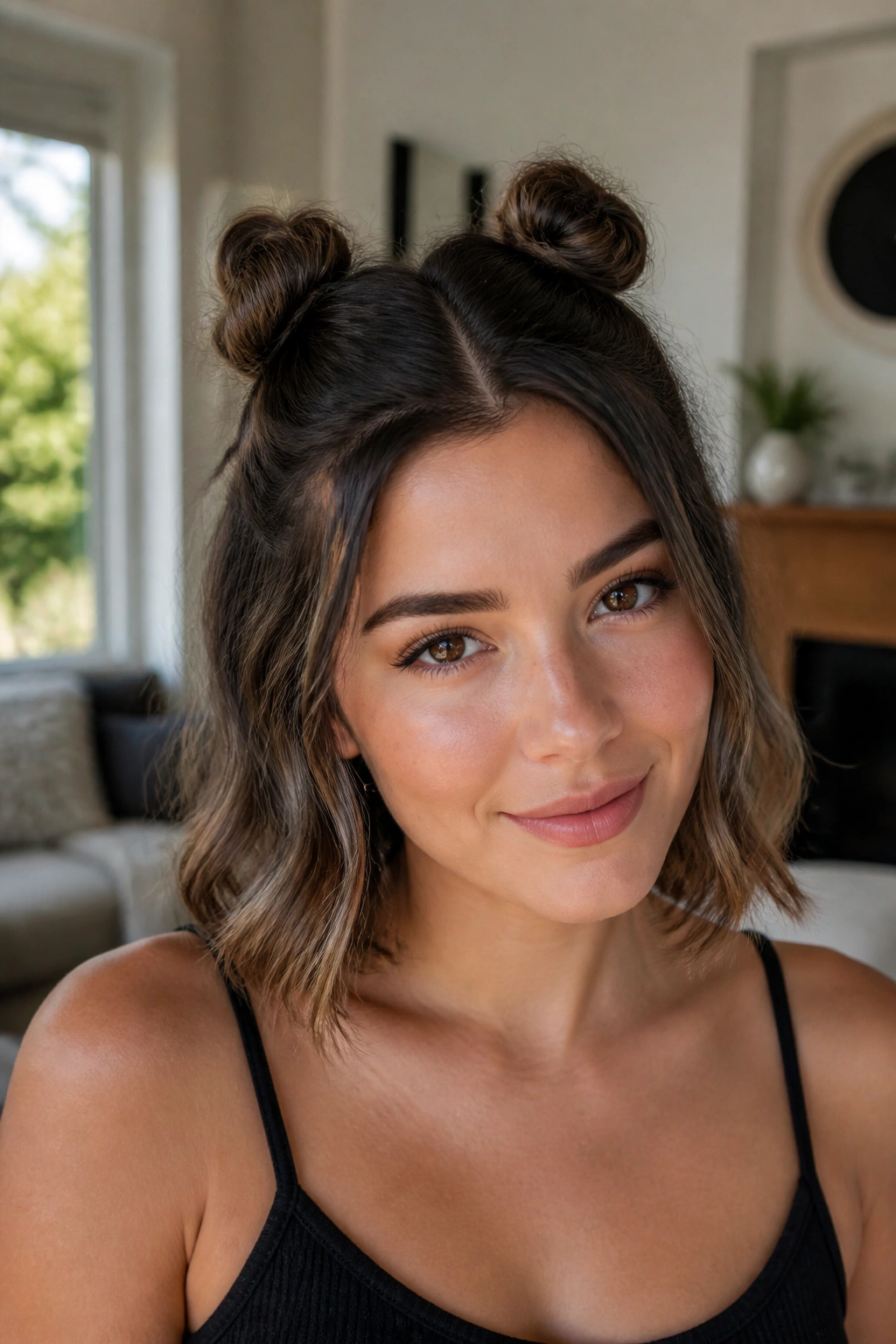 Portrait of a woman with two tiny space buns and loose ends on short hair