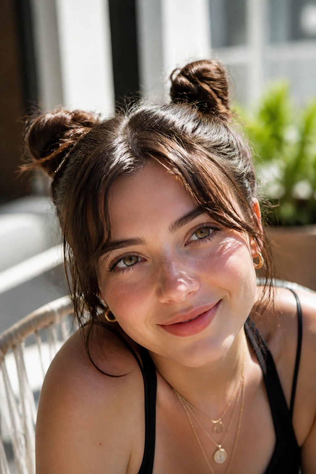 Woman with two space buns and shorter face-framing layers
