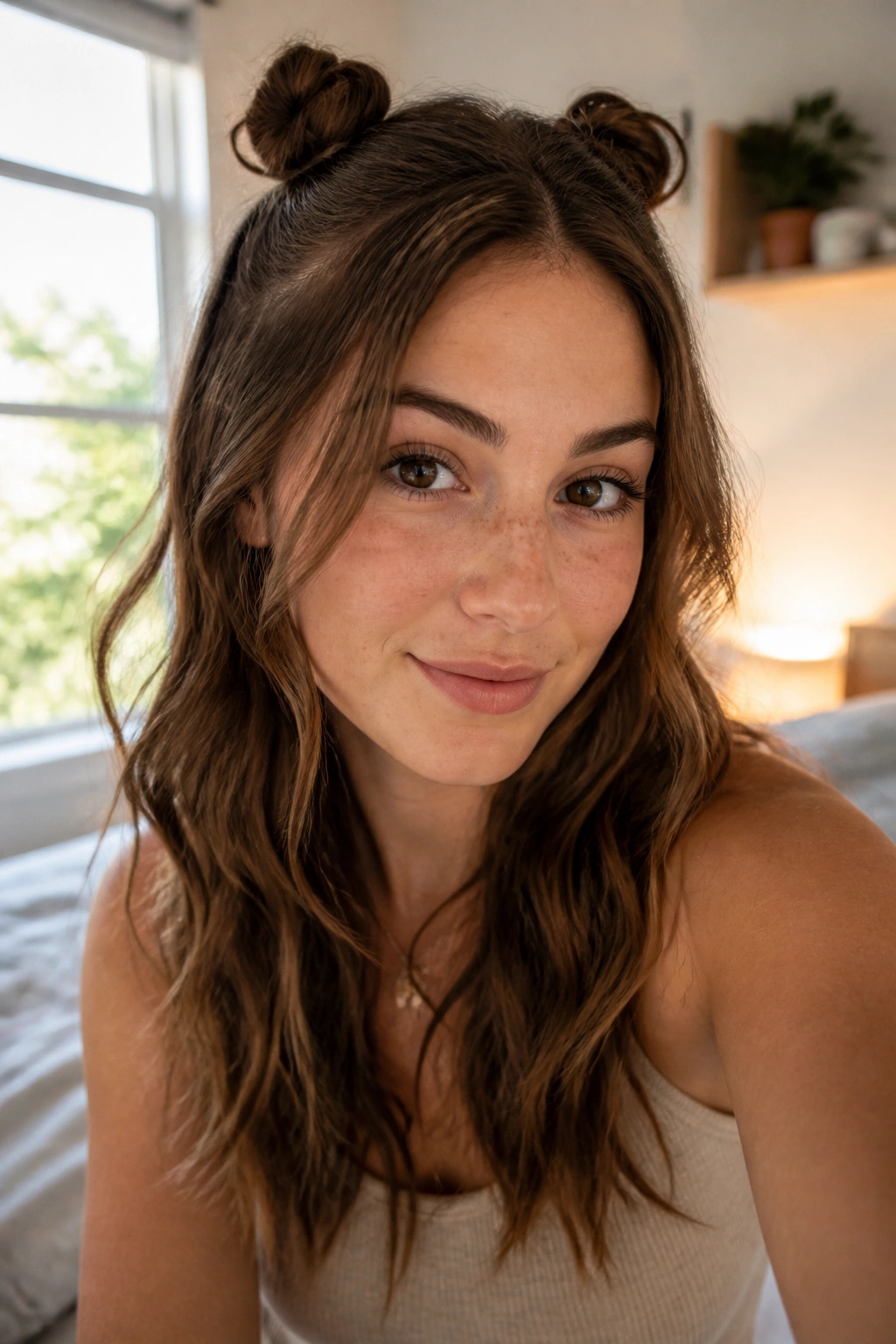 Close-up of a real woman with two tiny space buns and soft waves in natural light