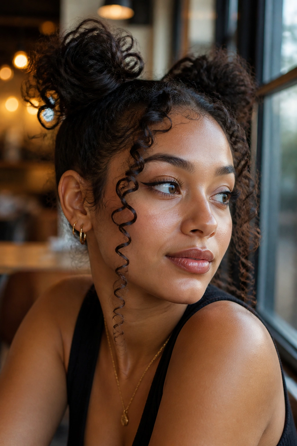 Close-up of a real person with two high space buns and spiral tendrils framing the face.