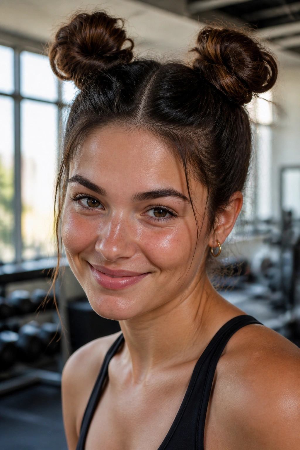 Real woman with space buns hairstyle in bright studio