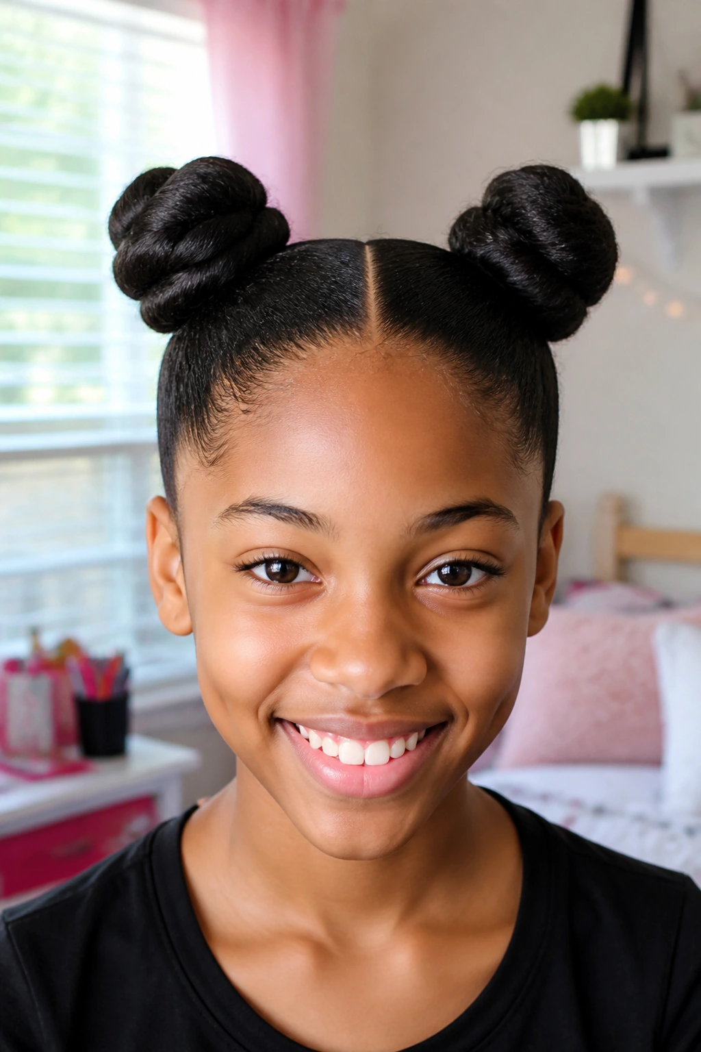 Close-up of a girl with space buns on stretched hair and a center part in a bright room