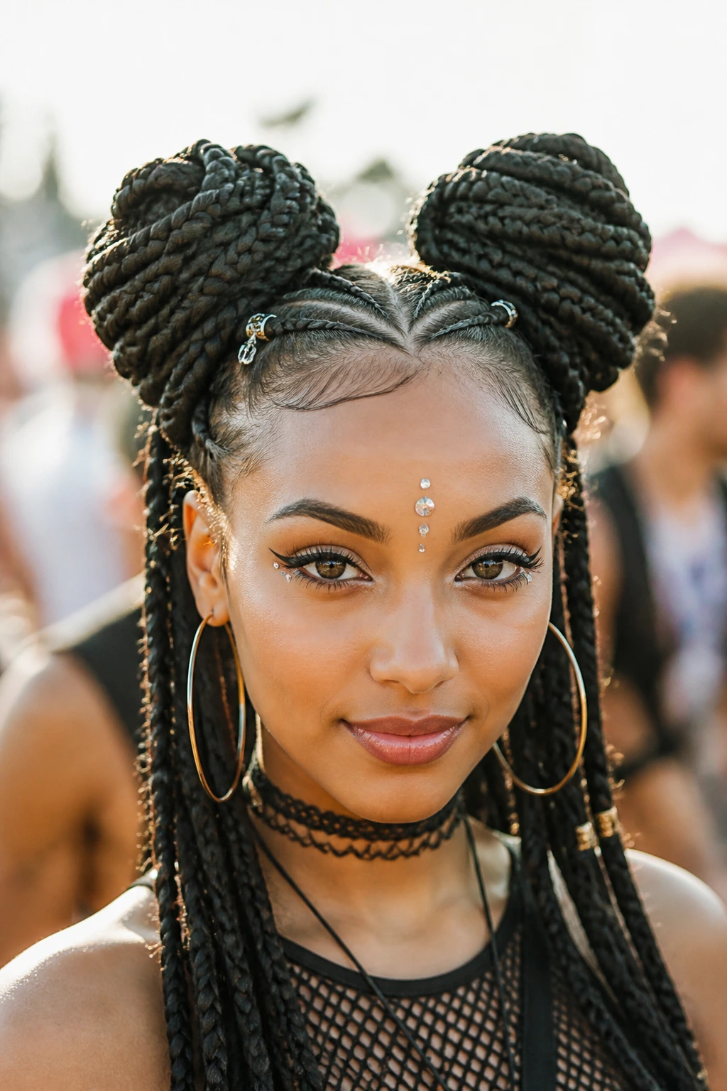 Close-up of a real person with thick braided space buns.