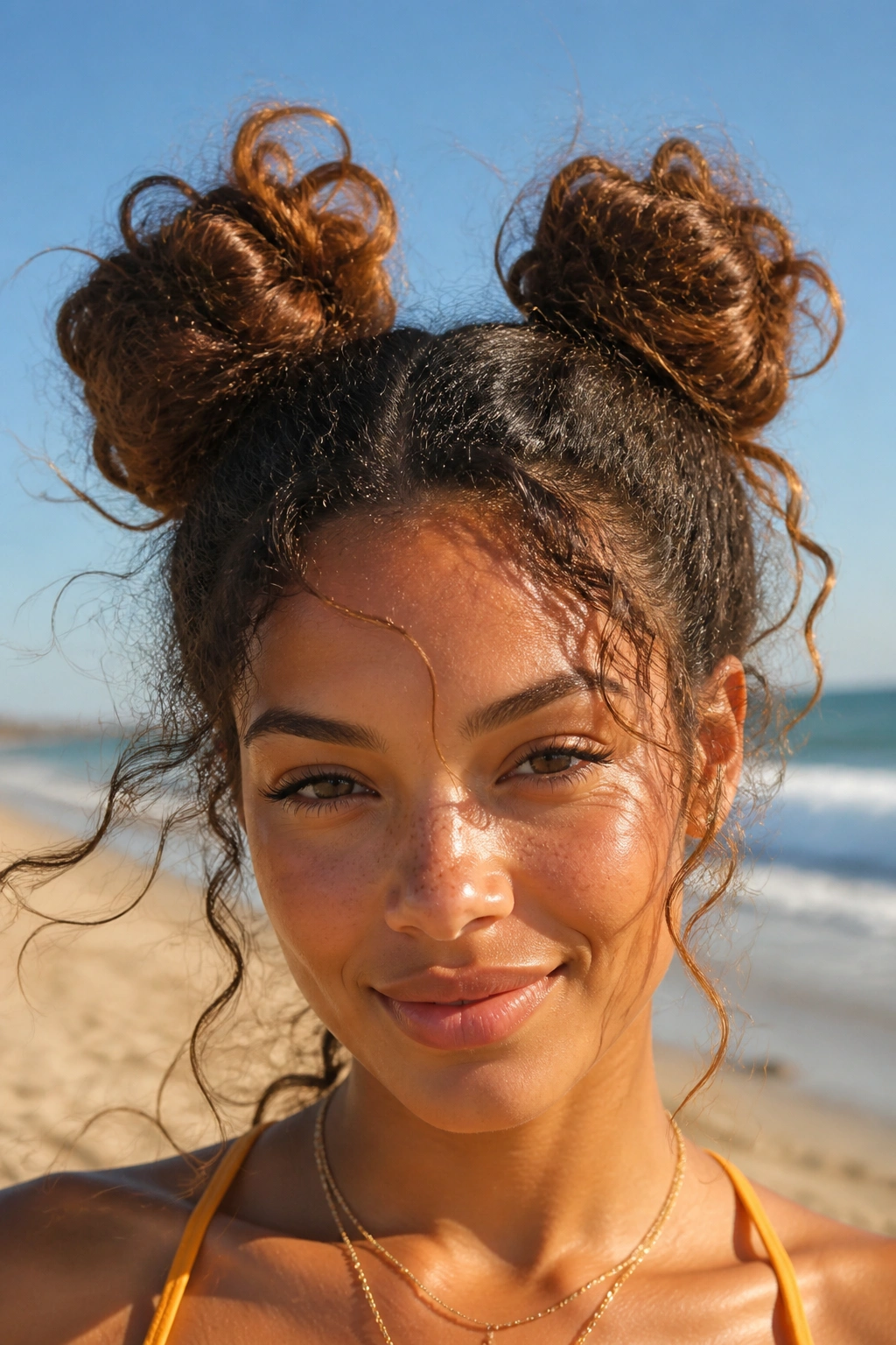 Portrait of a real person with space buns on thick curly hair at the beach.