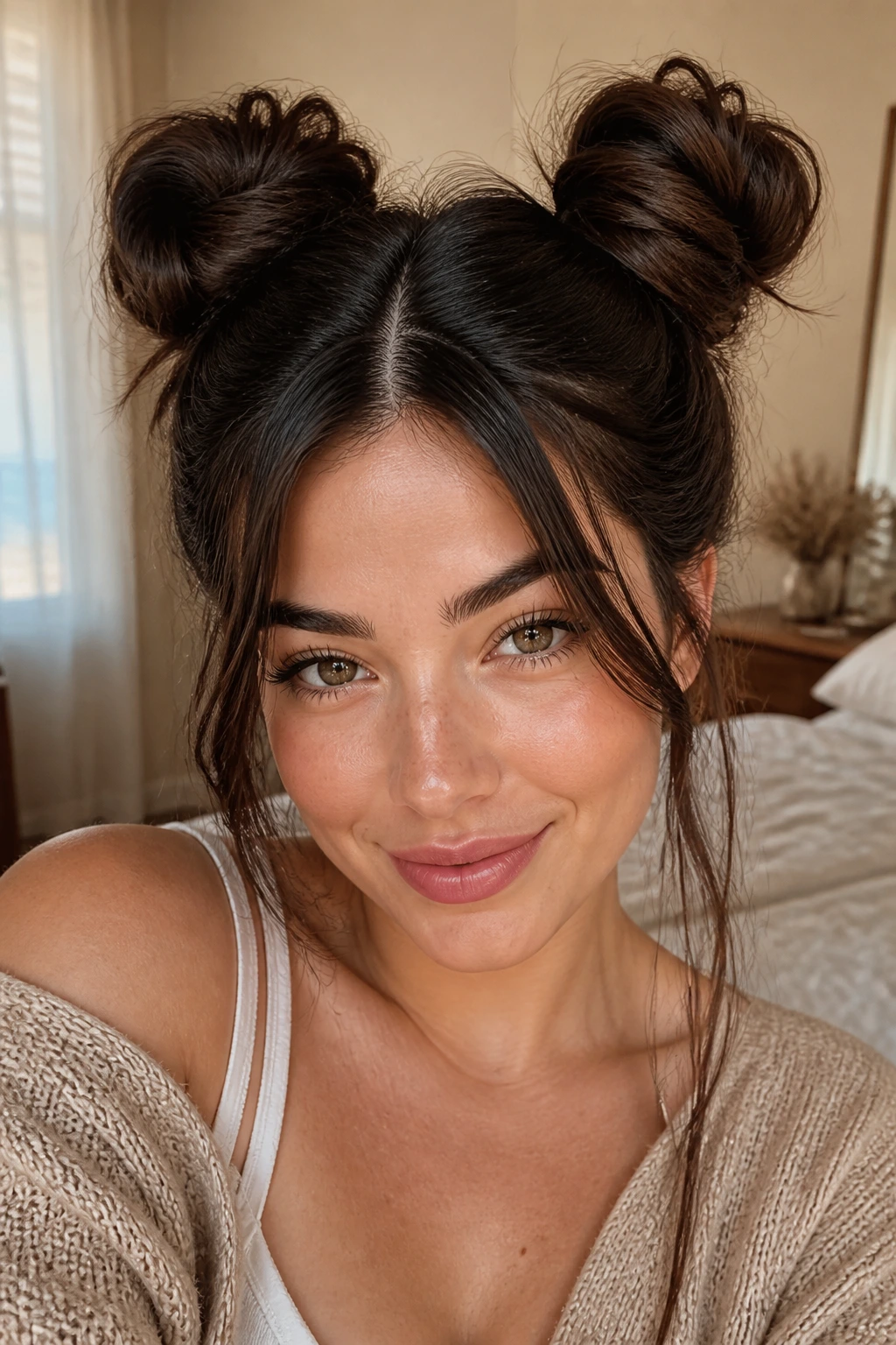 Close-up portrait of a real woman with thick hair styled into space buns in a cozy bedroom