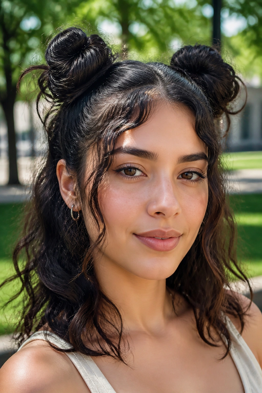 Close-up of a real woman with space buns on wavy hair in an outdoor park setting.