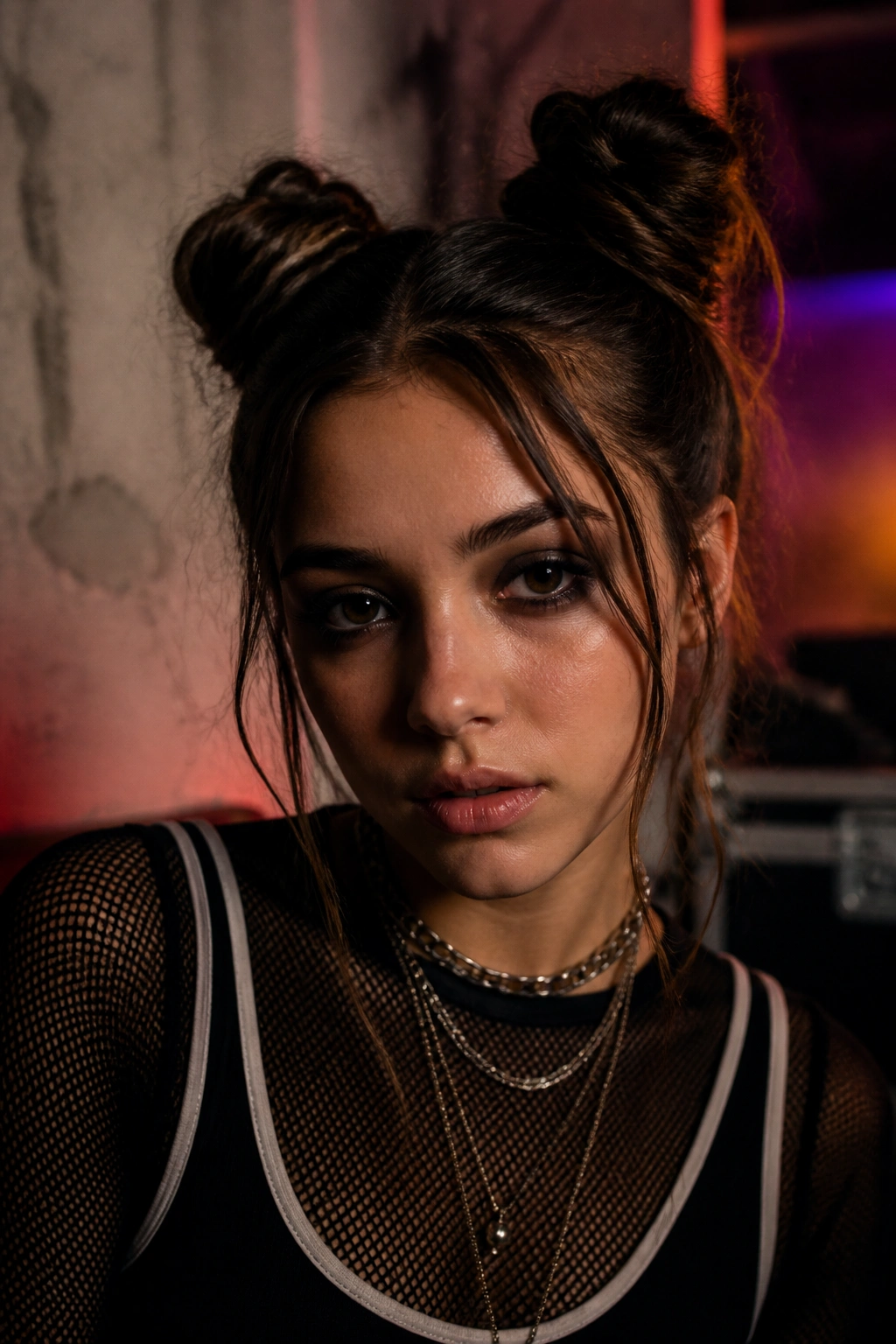 Close-up portrait of a real woman with space buns and face-framing wisps in a moody neon-lit setting