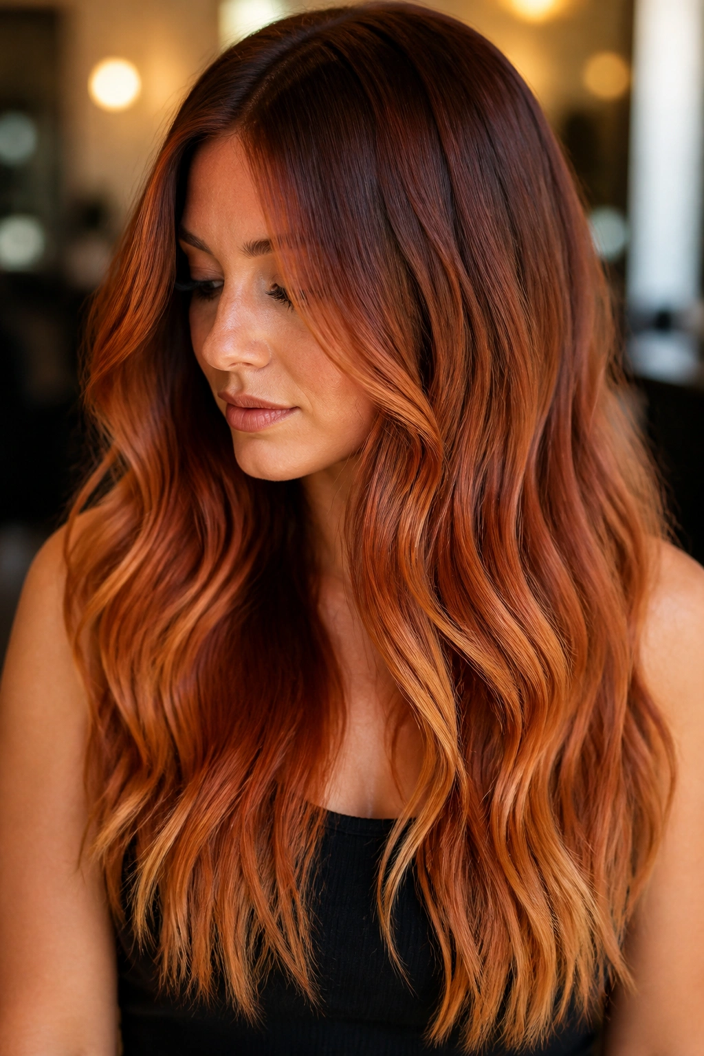 Real woman with copper melt hair in warm light
