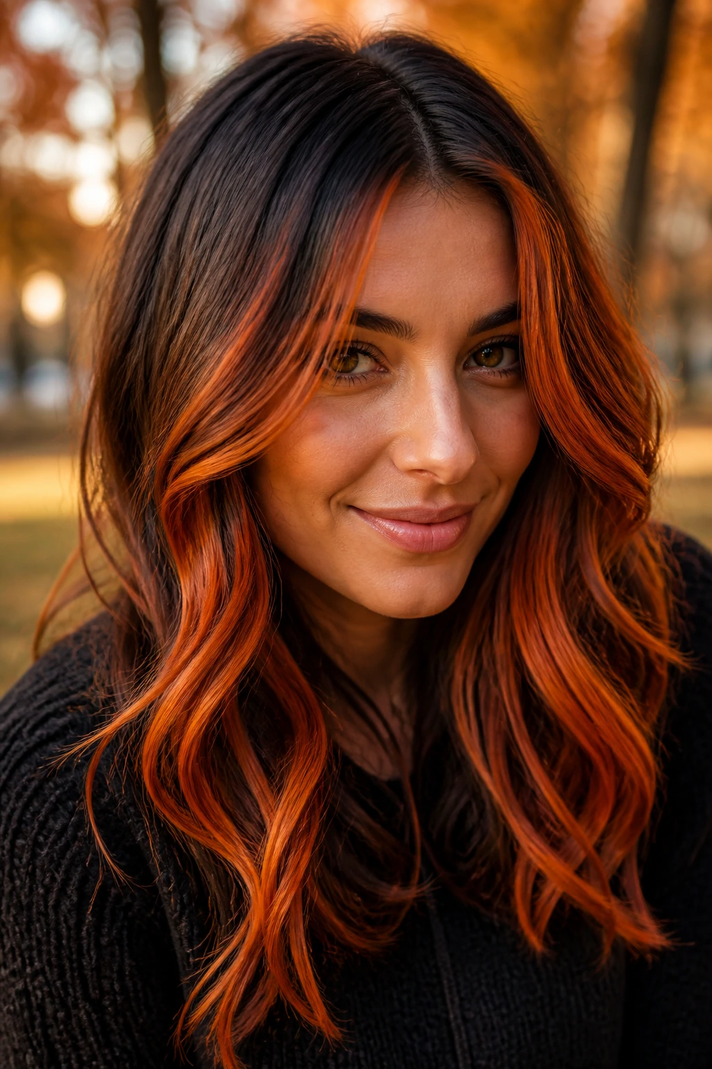 Close-up portrait of a woman with dark hair and bold spiced pumpkin pieces