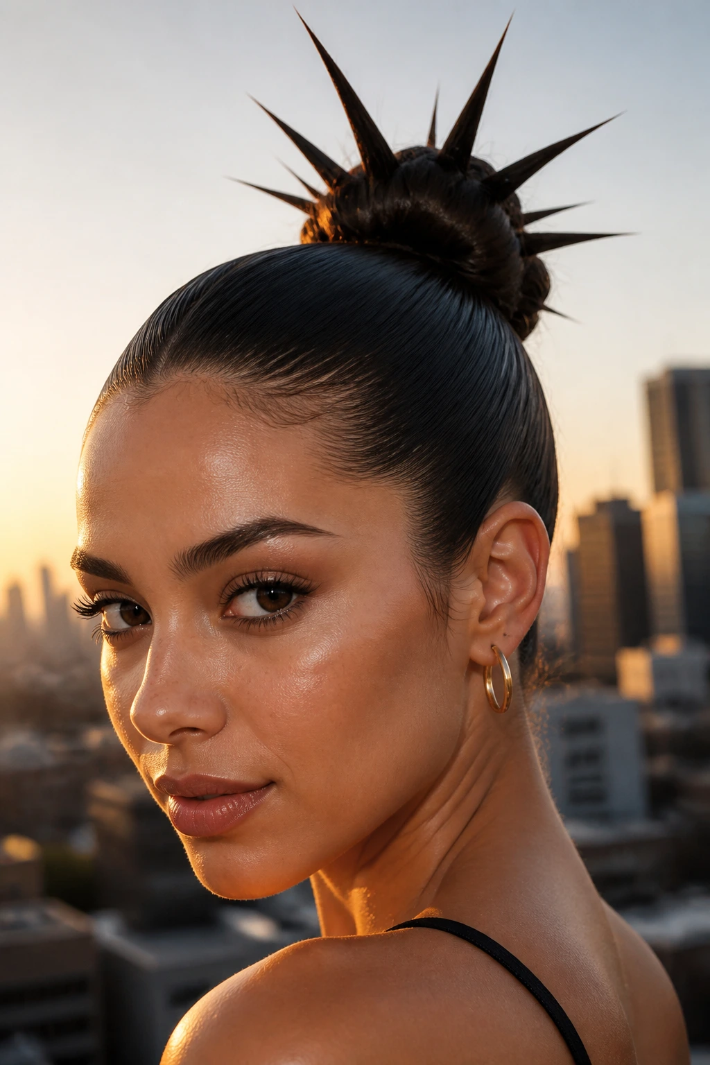 Close-up of a real woman's head with a sleek bun and gel spikes extending from the ends.
