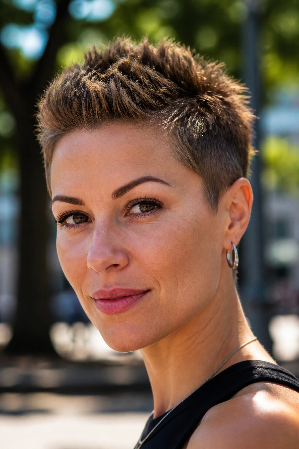 Close-up of a woman with a textured spiky crop hairstyle.