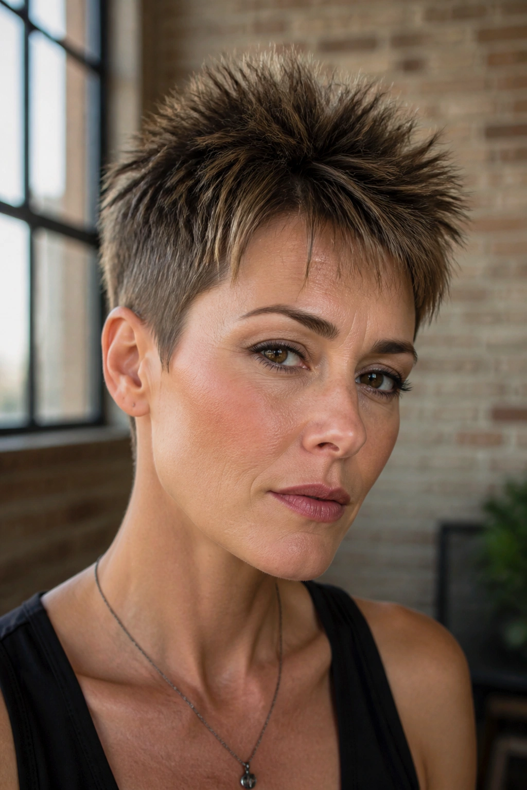 Real woman showing a spiky crown pixie with defined top spikes