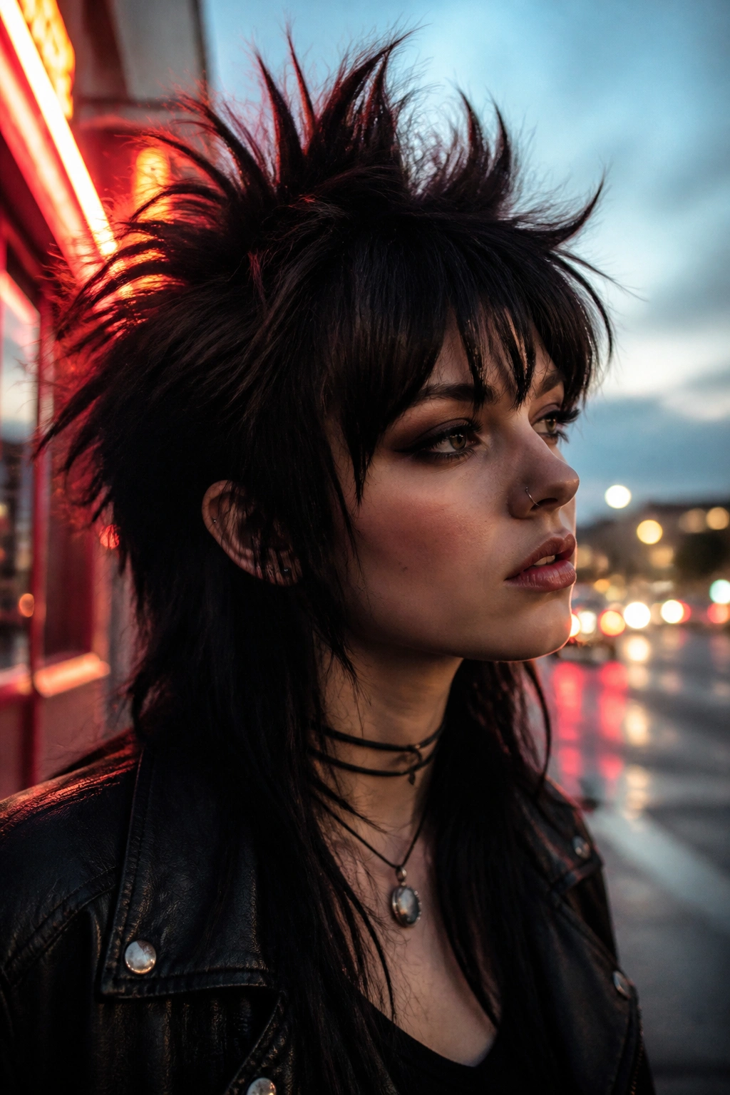 Close-up of a real woman with a spiky crown wolf cut on an urban street at dusk